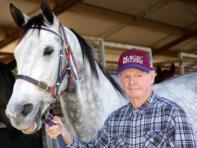 Deagon trainer Pat Duff with the horse Steel Zip, promo pic for the Deagon Picnic Raceday.