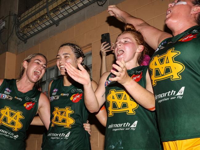 St Mary's players celebrate their eighth win in a row in Women's Premier League over PINT. Picture: Celina Whan / AFLNT Media.