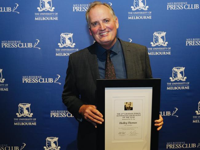 24/3/2023: The Australian Journalist Hedley Thomas is awarded with the Graham Perkin Australian Journalist of the Year Award at the Melbourne Press Club.