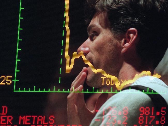 Reflection of trader on electronic index board on floor of Australian Stock Exchange (ASX) 28 Oct 2006.