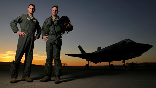 Squadron leader Wing Commander Darren Clare, right, and Flight Lieutenant “Damo”. Picture: Nathan Edwards