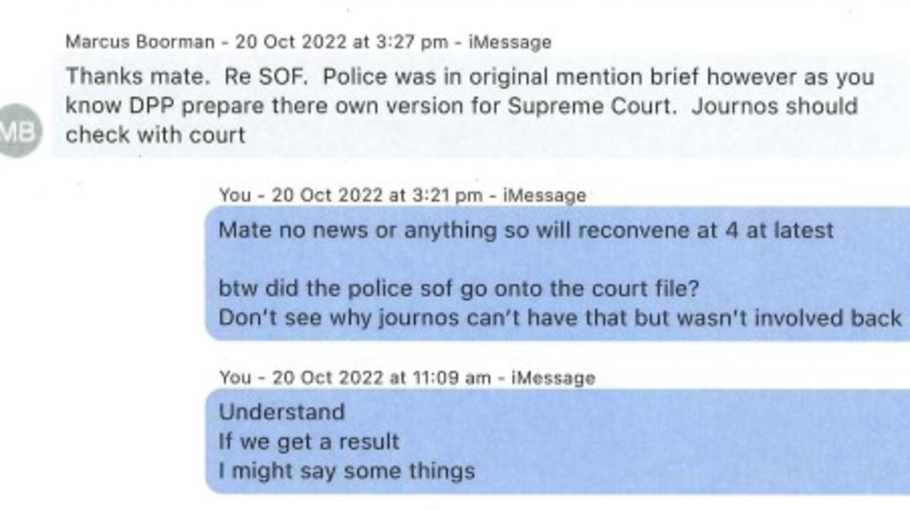 Text messages between Steven Whybrow and DI Marcus Boorman.