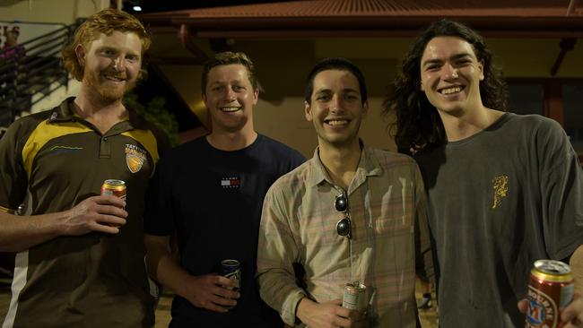 Friends Peter Armstron, Ian Headon, Lucas Mullins and Ron Watson at the opening game of the NTFL 22/23 season. Picture: (A)manda Parkinson