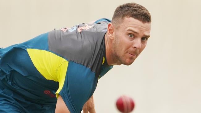 Josh Hazlewood fires down a delivery in the nets. Picture: Getty Images