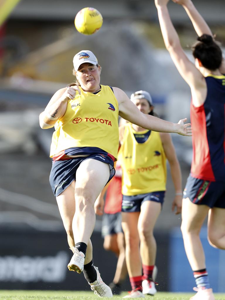 Sarah Perkins trains with the Crows at West Lakes. Picture: SARAH REED