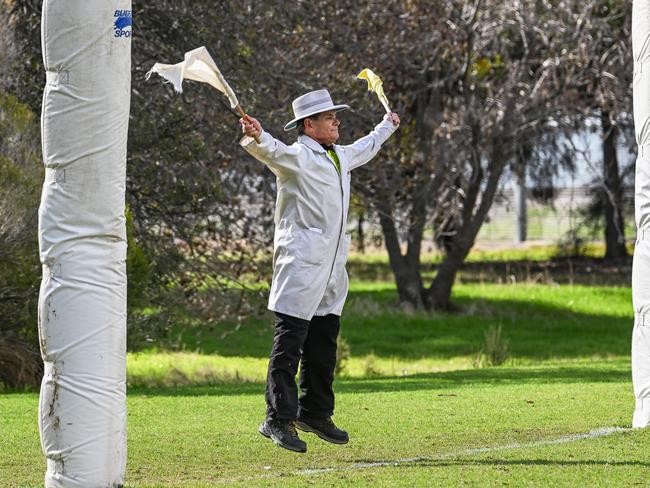 Flamboyant goal umpire Dave Crispin at the Greenacres Dragons Football Club. Picture: Brenton Edwards