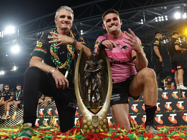 (L-R) Ivan and Nathan Cleary have repaid Penrith’s faith delivering four consecutive premierships to the club. Picture: Cameron Spencer/Getty Images