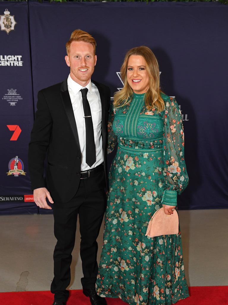 Nick Liddle and Jess Harris on the red carpet ahead of the Magarey Medal presentation at Adelaide Oval.