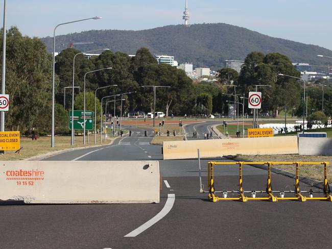 Concrete security barriers in place for the Anzac Day National Ceremony at the Australian War Memorial in Canberra. Picture: Kym Smith