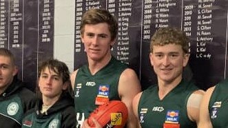 Tom Baulch (middle) playing for Hampden this season. Picture: Koroit Football Netball Club.