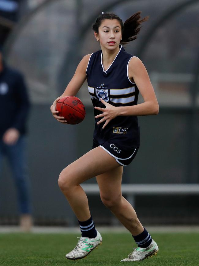 Siena Farrell of Caulfield Grammar in action during the 2022 Herald Sun Shield Senior Girls Grand Final match between Caulfield Grammar and Rowville Secondary at the ETU Stadium on July 27, 2022 in Melbourne, Australia. Picture: Dylan Burns/AFL Photos via Getty Images