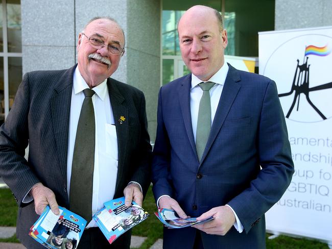 Liberal MPs Warren Entsch and Trent Zimmerman at a recent marriage equality event in Canberra. Picture: Kym Smith