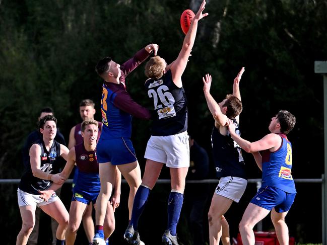 NFL: Banyule’s Jack Langford battles Epping’s Owen Sloan in the ruck. Picture: Andy Brownbill