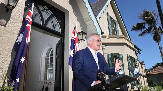 Australian Prime Minister Scott Morrison speaking outside Kirribilli House in Sydney during NSW COVID-19 lockdown. Picture: NCA NewsWire / Dylan Coker