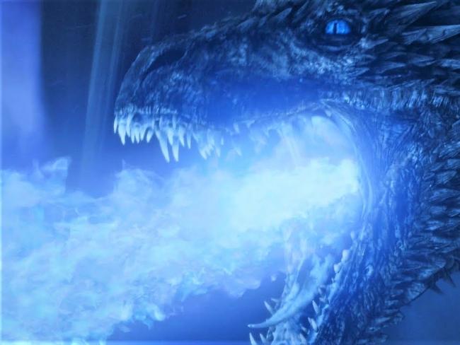 Game of Thrones 'ice dragon' Viserion unleashes his blue fire. Picture: HBO