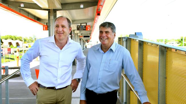 Member for Petrie Luke Howarth and Moreton Bay Regional Mayor Allan Sutherland at the new Kippa-Ring train station. Picture: Peter Cronin.