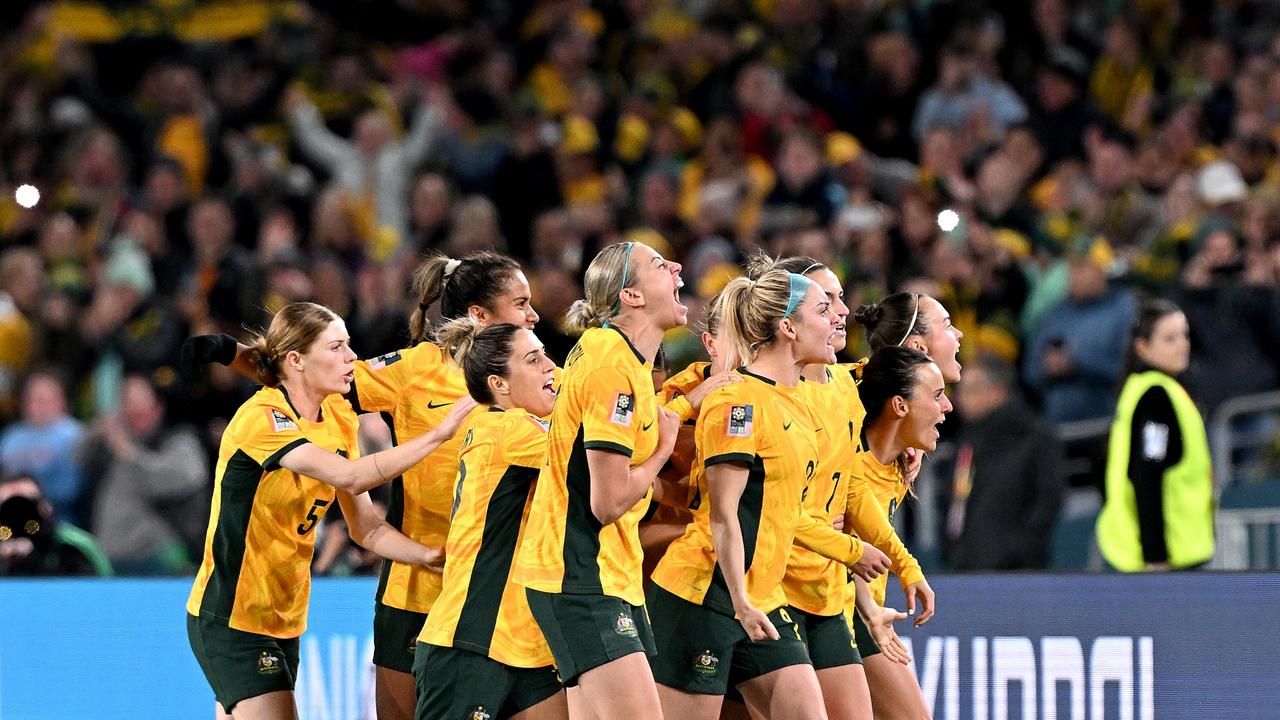 The Matildas celebrate a goal during the 1-nil win over Ireland. Picture: Bradley Kanaris (Getty Images)