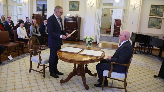 Prime Minister Anthony Albanese at the swearing in ceremony at Government House led by the Governor-General David Hurley on Monday morning. Picture: David Gray/Getty Images