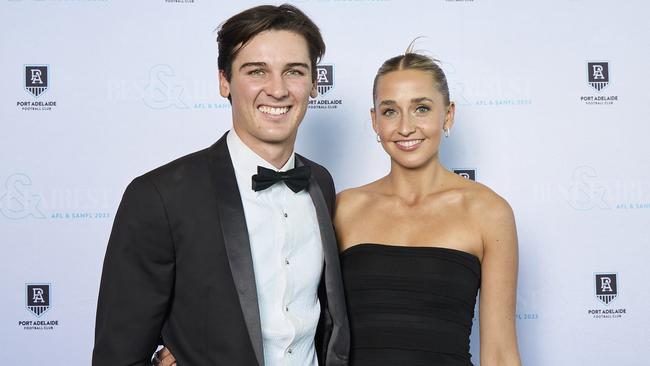 Connor Rozee with Maisie Packer at the Adelaide Convention Centre for the Power’s best-and-fairest night. Picture: Matt Loxton