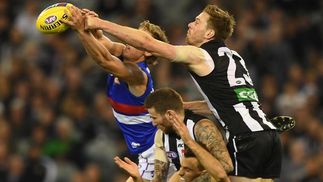 Jordan Roughead controlled the air in the first half against his old side. Pic: AAP