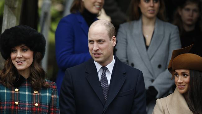 Meghan Markle with Prince William and Kate Middleton. Picture: AP