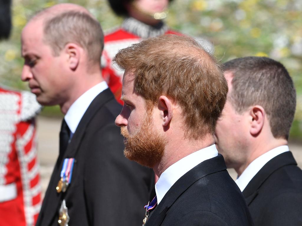 Prince William, Prince Harry and Peter Phillips walk behind Prince Philip’s coffin. Picture: Mark Large-WPA Pool/Getty Images.