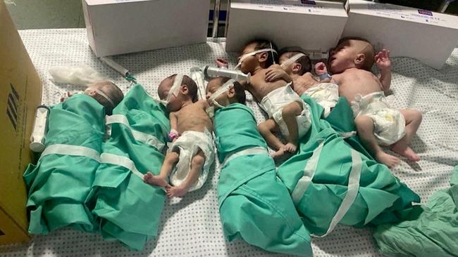 An image supplied to Reuters shows newborns in a bed after being taken off incubators in Gaza’s al-Shifa hospital due to power cuts. Picture: Reuters