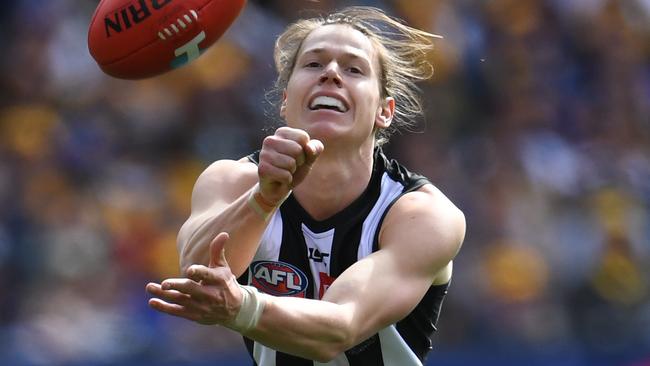 Tom Langdon of the Magpies is seen in action during the 2018 AFL Grand Final between the West Coast Eagles and the Collingwood Magpies at the MCG in Melbourne, Saturday, September 29, 2018. (AAP Image/Julian Smith) NO ARCHIVING, EDITORIAL USE ONLY