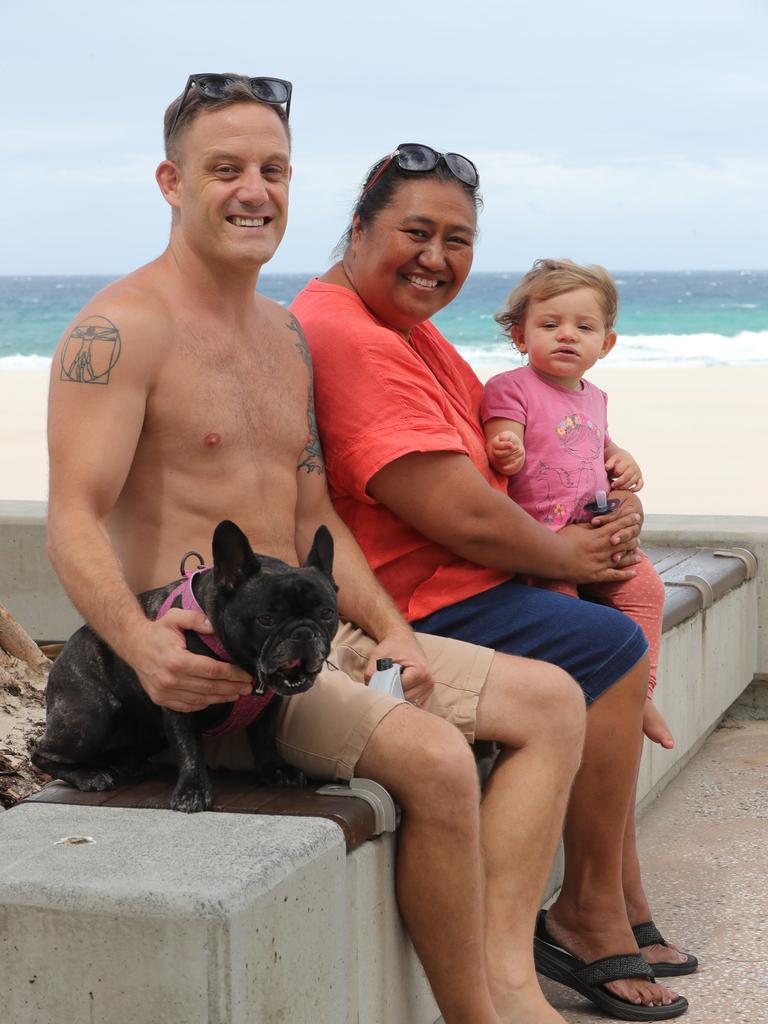 Locals Marc Howard and Lata Marsh with baby Harper Howard and Layla the dog.. Picture Glenn Hampson