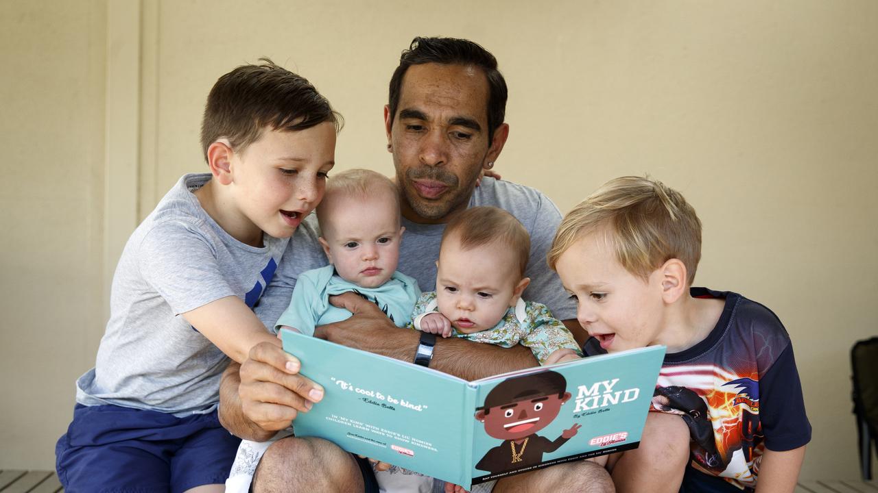 Eddie Betts with his children Lewis, twins Alice and Maggie and Billy in 2018. Picture MATT TURNER.