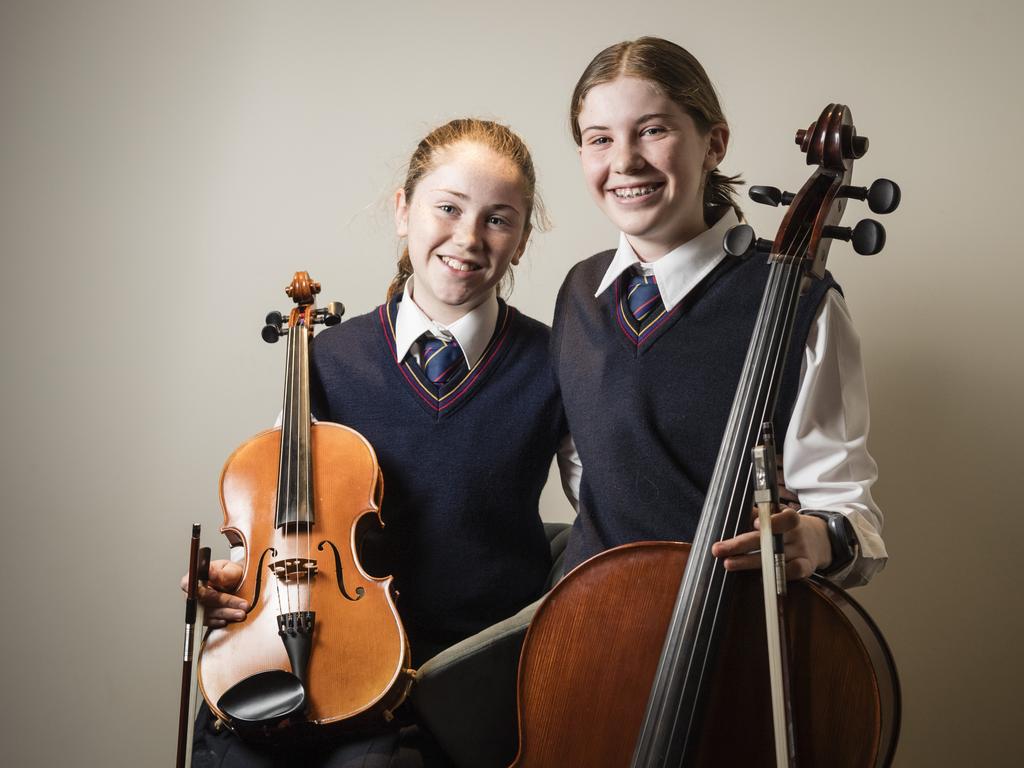 Sisters Audrey (left) and Ruby Reinhardt competed in solo string sections of the 77th City of Toowoomba Eisteddfod at Empire Theatres, Thursday, July 27, 2023. Picture: Kevin Farmer