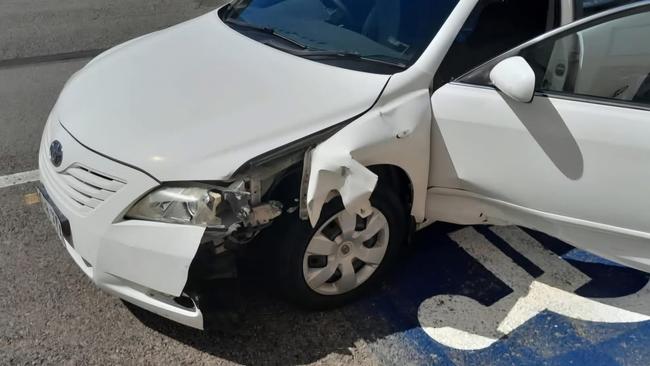 A motorist's damaged car after it was driven into a pole while a man was allegedly attempting to carjack him in West End. Picture: Facebook