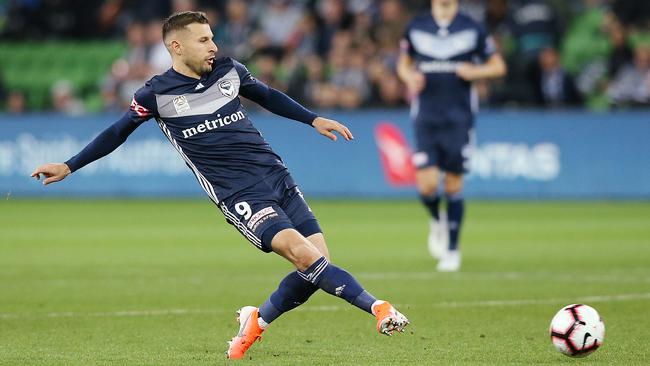 Kosta Barbarouses fires home Melbourne Victory’s second goal against Wellington Phoenix at AAMI Park. Picture: Getty Images