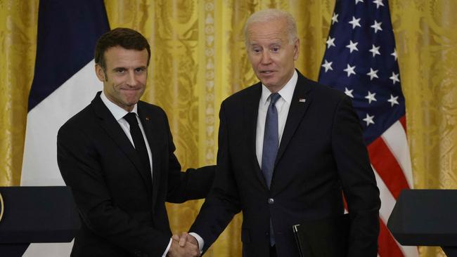 US President Joe Biden and French President Emmanuel Macron at the White House. Picture: AFP.