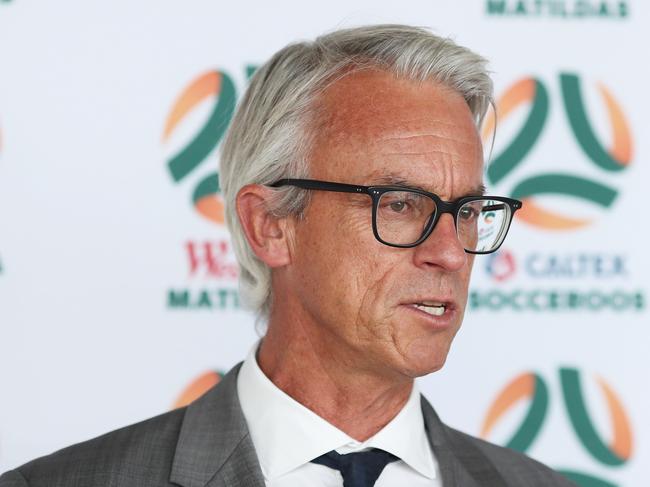 SYDNEY, AUSTRALIA - DECEMBER 04: FFA CEO David Gallop speaks to the media during a media opportunity after the FFA announcement of the national team rebranding at the Overseas Passenger Terminal on December 04, 2018 in Sydney, Australia. (Photo by Matt King/Getty Images)