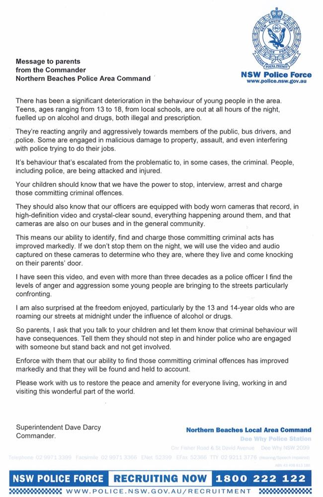 A message to parents from the Commander Northern Beaches area command, Superintendant Dave Darcy. Supplied