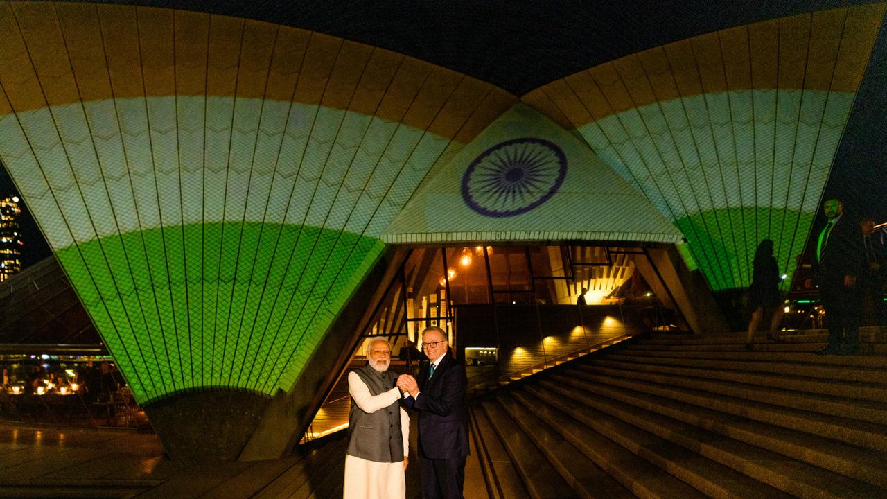 The sails were illuminated for Prime Minister Narendra Modi. Picture: POOL/ NCA NewsWire/ James Brickwood