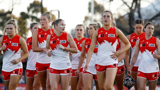 The Swans leave the field after their 67-1 defeat to North Melbourne. Picture: Dylan Burns/AFL Photos via Getty Images