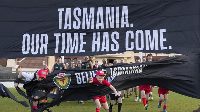 Official announcement for the 19th AFL licence for a Tasmanian team at North Hobart Oval. Picture: Chris Kidd