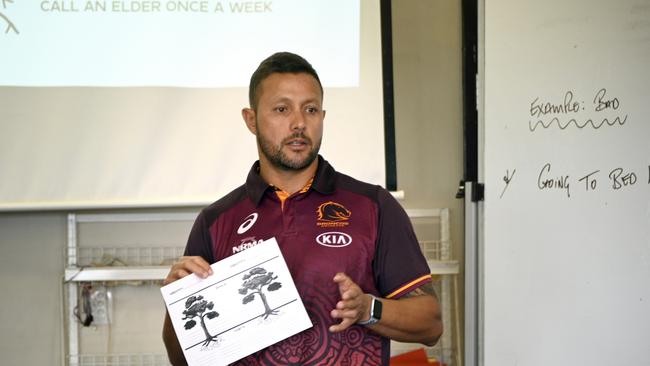 Scott Prince during the Indigenous students workshop at Harristown State High School with Broncos stars at the first Beyond the Broncos Girls Academy event for 2021.