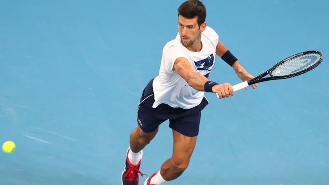 Serbia’s Novak Djokovic practices at Brisbane’s Pat Rafter Arena ahead of his opening match of the ATP Cup on Saturday. Picture: Getty Images