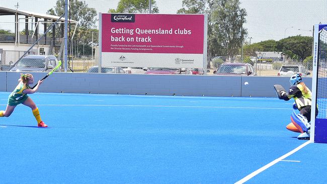 Georgina West takes a penalty shot. Picture: Shae Beplate.