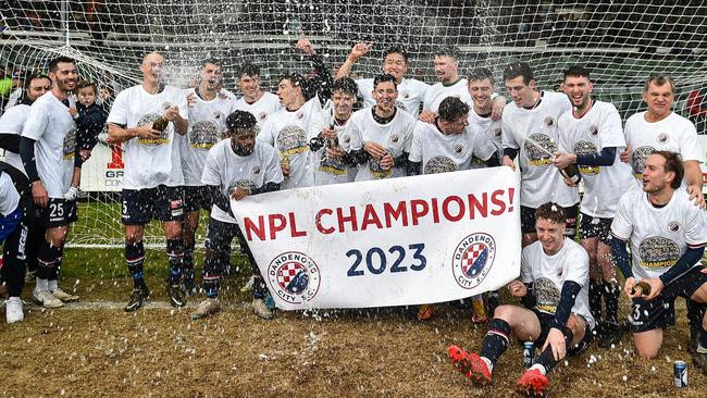 Dandenong City celebrates its NPL2 premiership. Picture: Dandenong City Facebook