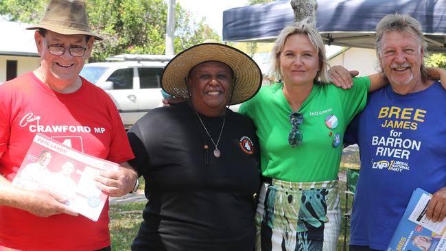 Yorkeys Knob state election volunteers Chris Kruger, Letitia Choppy, Maja Chodorowski and Don Ecclestone enjoy each others’ company each day.