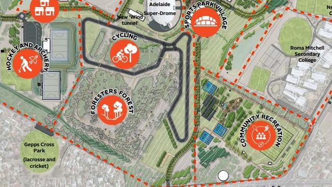 State Sports Park Master Plan showing the “Community Recreation” triangle zone which now will be used by SAPOL. Picture: Supplied