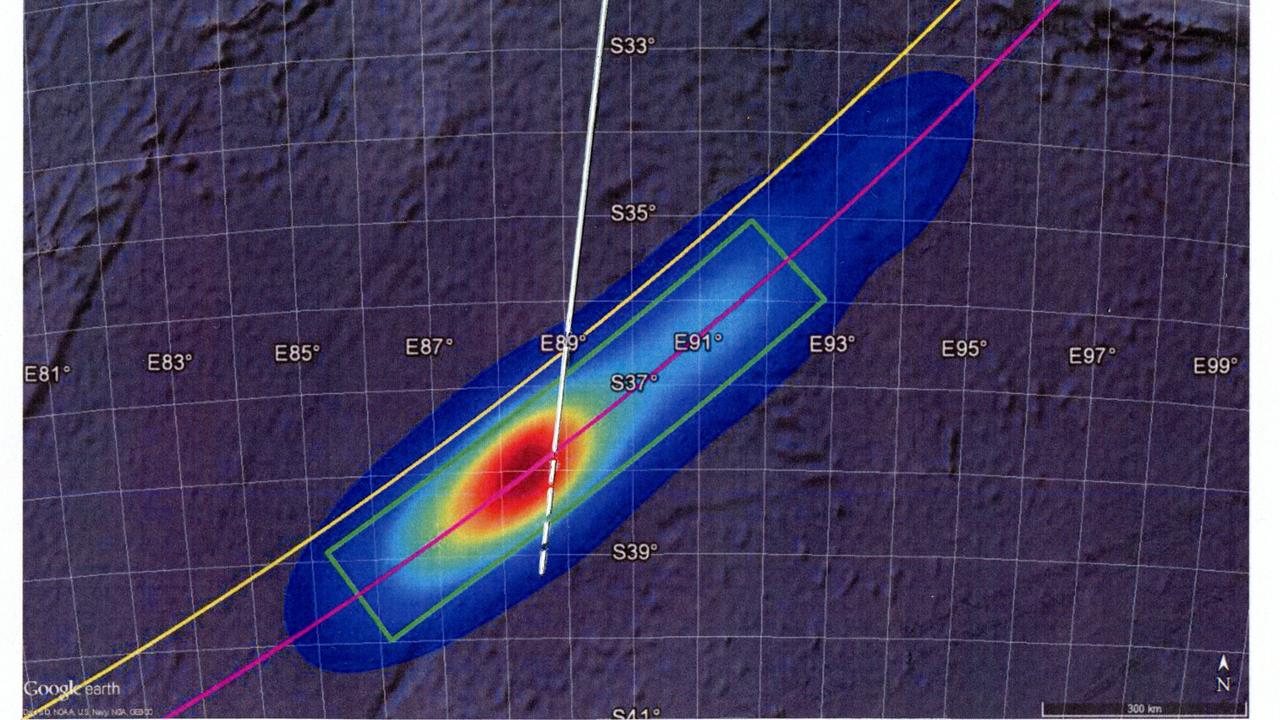 Aviation experts believe the white line represents MH370's most probable final path. Picture: Supplied