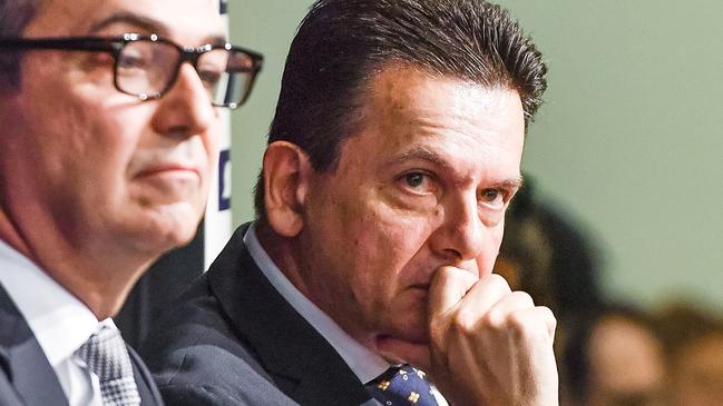 Stephen Marshall and Nick Xenophon at the SA Press Club for the leaders' public debate in Adelaide, February 2, 2018. Picture: AFP