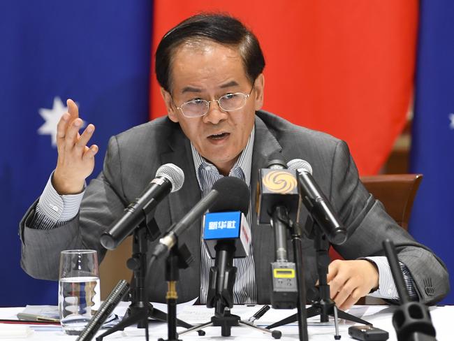 Chinese Ambassador to Australia Cheng Jingye speaks to the media during a press conference at the Ambassador's residence in Canberra, Thursday, December 19, 2019. (AAP Image/Lukas Coch) NO ARCHIVING