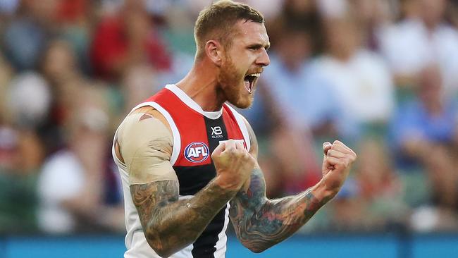 St Kilda forward Tim Membrey celebrates one of his four goals in the big win over Melbourne. Picture: Getty Images