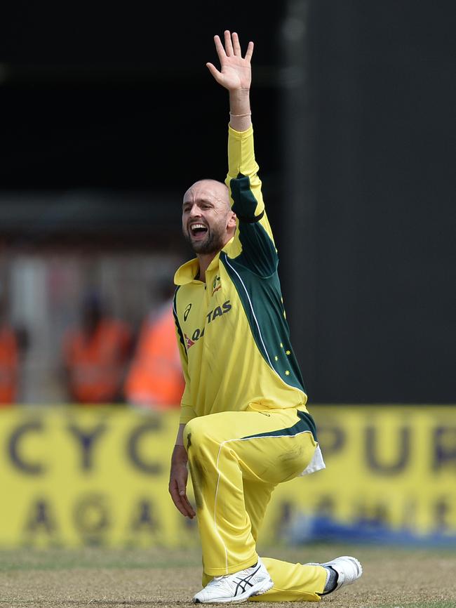 Australia's Nathan Lyon successfully appeals during a One-day International against the West Indies in 2016. Picture: AFP Photo / Andrew Caballero-Reynolds